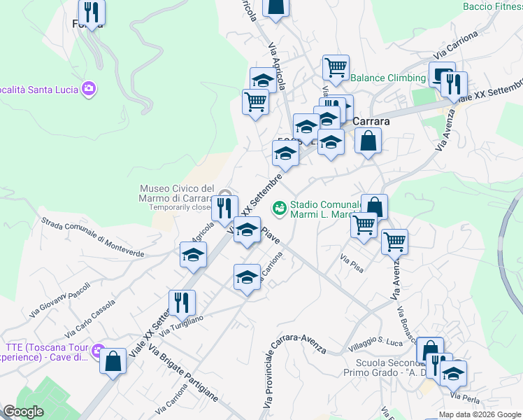 map of restaurants, bars, coffee shops, grocery stores, and more near 8 Piazza Vittorio Veneto in Carrara