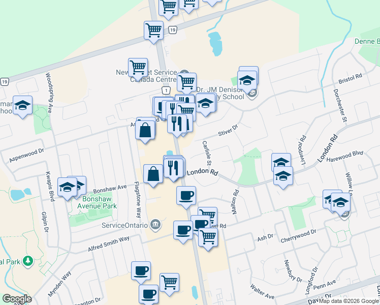 map of restaurants, bars, coffee shops, grocery stores, and more near 331 Primrose Lane in Newmarket