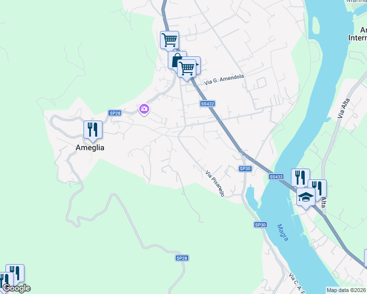 map of restaurants, bars, coffee shops, grocery stores, and more near 113-115 Via Pisanello in Ameglia