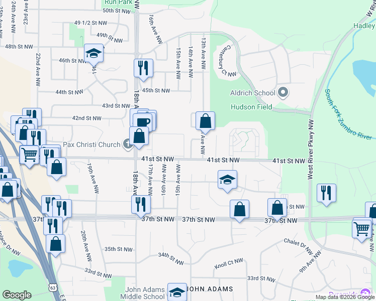 map of restaurants, bars, coffee shops, grocery stores, and more near 4115 14th Avenue Northwest in Rochester