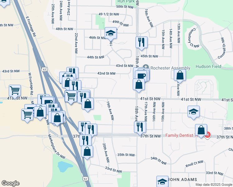 map of restaurants, bars, coffee shops, grocery stores, and more near 1875 41st Street Northwest in Rochester