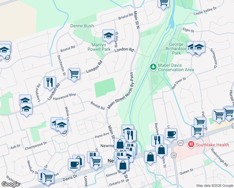 map of restaurants, bars, coffee shops, grocery stores, and more near 206 Main Street North in Newmarket