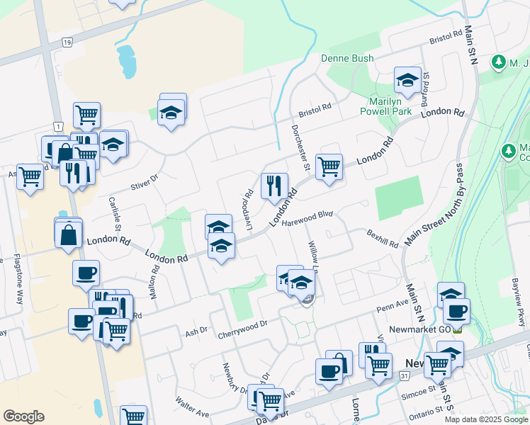 map of restaurants, bars, coffee shops, grocery stores, and more near 257 Manchester Drive in Newmarket