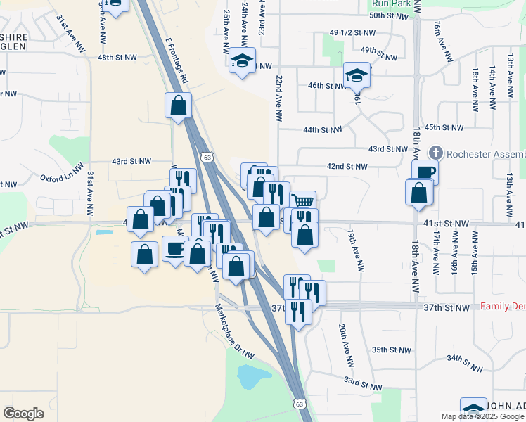 map of restaurants, bars, coffee shops, grocery stores, and more near in Rochester