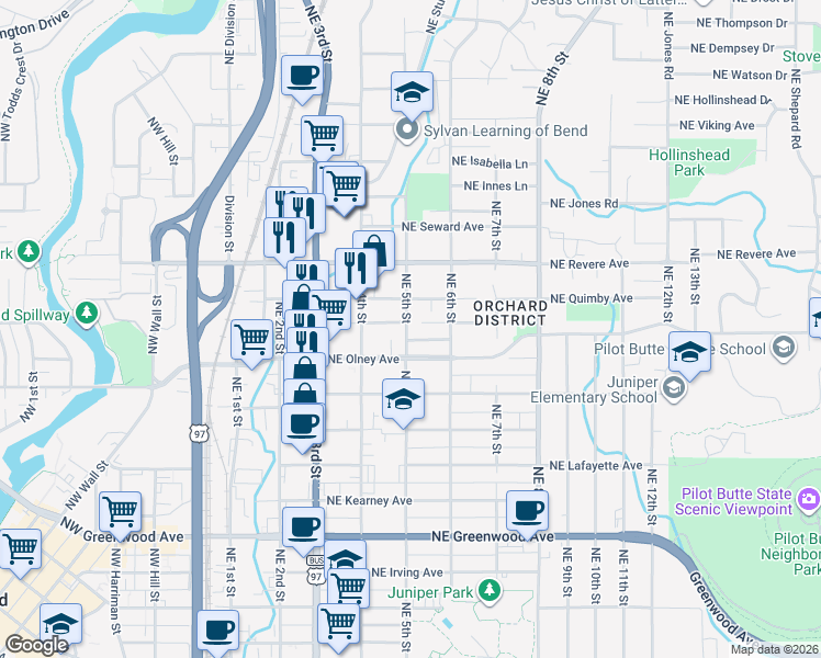 map of restaurants, bars, coffee shops, grocery stores, and more near 1521 Northeast 5th Street in Bend
