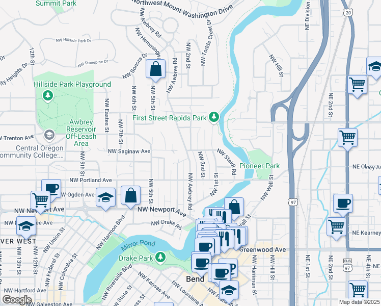 map of restaurants, bars, coffee shops, grocery stores, and more near 1806 Northwest Awbrey Road in Bend