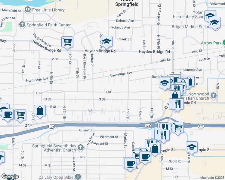 map of restaurants, bars, coffee shops, grocery stores, and more near 1419 T Street in Springfield