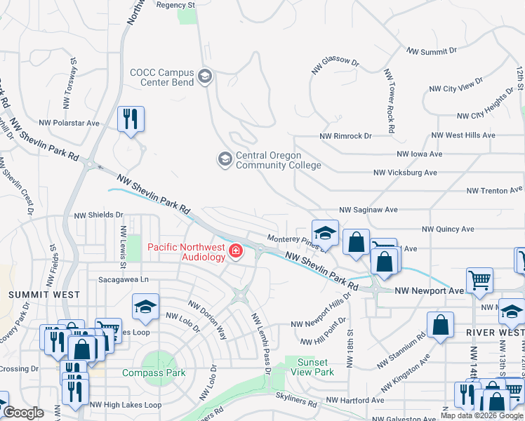 map of restaurants, bars, coffee shops, grocery stores, and more near 2136 Northwest Black Pines Drive in Bend