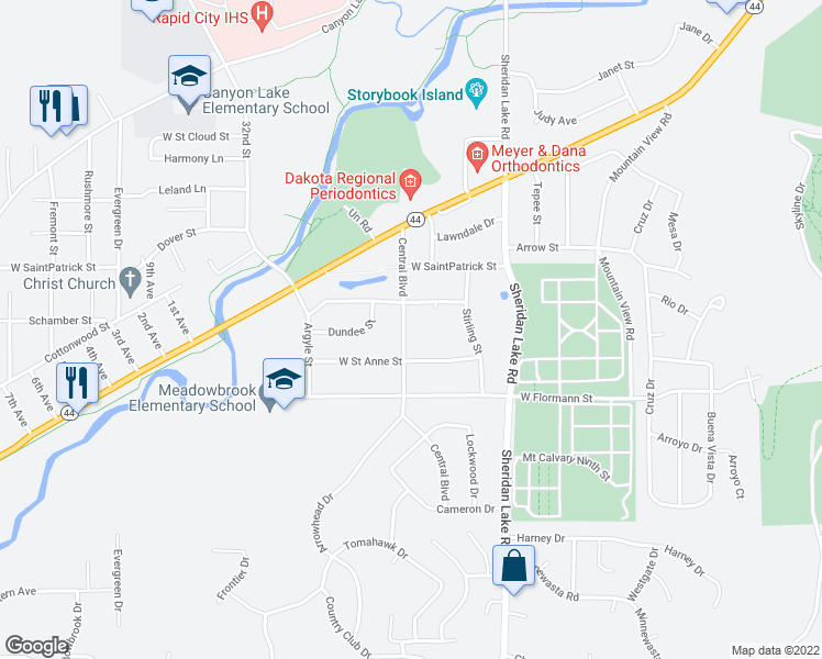 map of restaurants, bars, coffee shops, grocery stores, and more near 2020 Central Boulevard in Rapid City