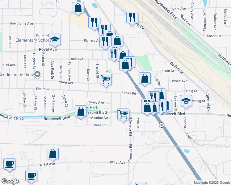 map of restaurants, bars, coffee shops, grocery stores, and more near 3039 Elmira Road in Eugene