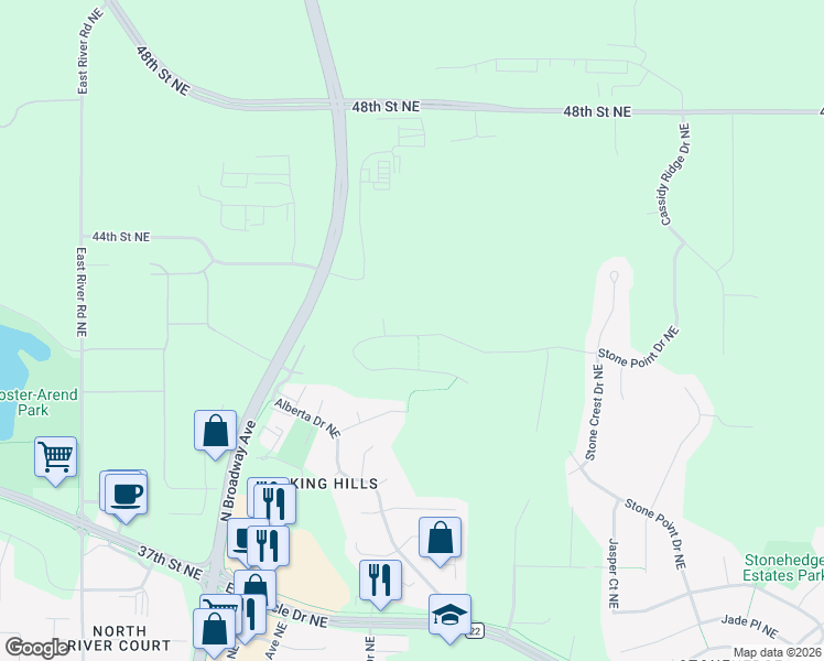 map of restaurants, bars, coffee shops, grocery stores, and more near 4020 Stone Point Drive Northeast in Rochester