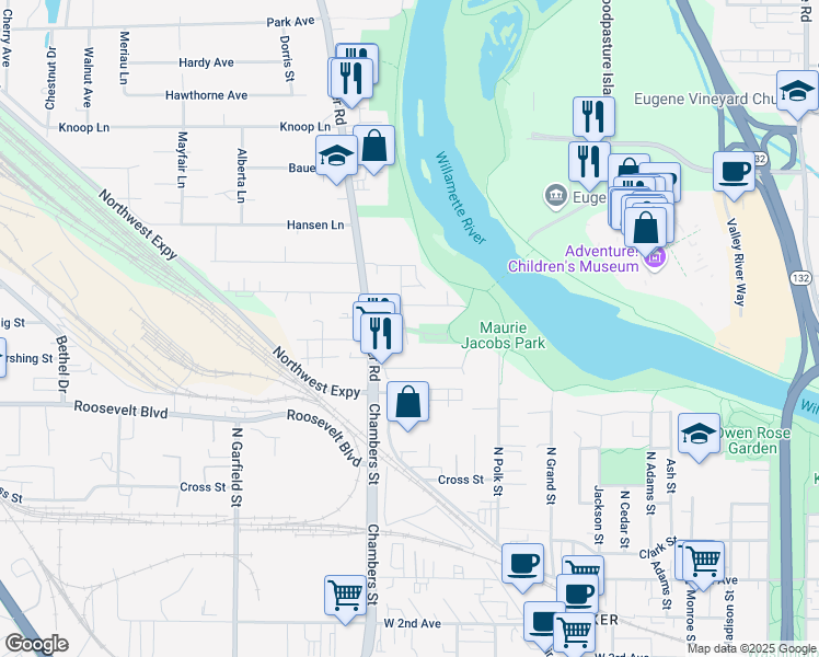 map of restaurants, bars, coffee shops, grocery stores, and more near Fir Lane in Eugene