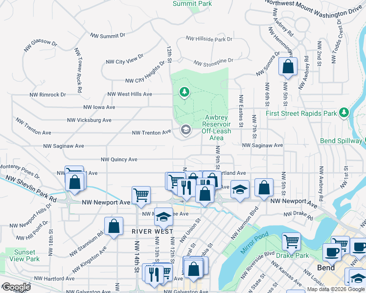map of restaurants, bars, coffee shops, grocery stores, and more near 1199 Northwest Saginaw Avenue in Bend