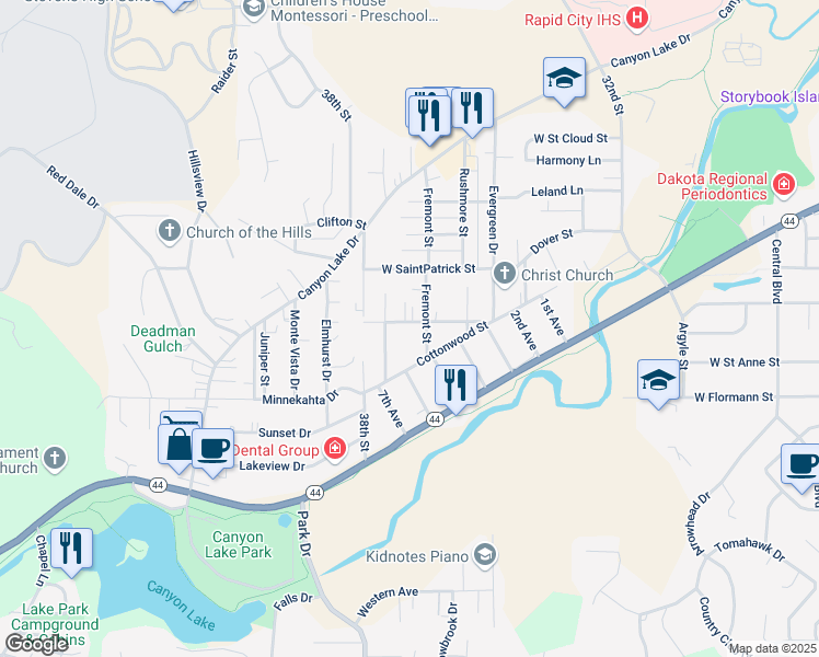 map of restaurants, bars, coffee shops, grocery stores, and more near 2016 Twin Elms Drive in Rapid City