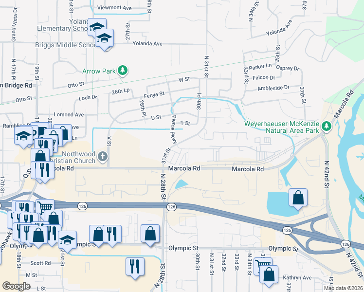 map of restaurants, bars, coffee shops, grocery stores, and more near 2825 Pierce Parkway in Springfield