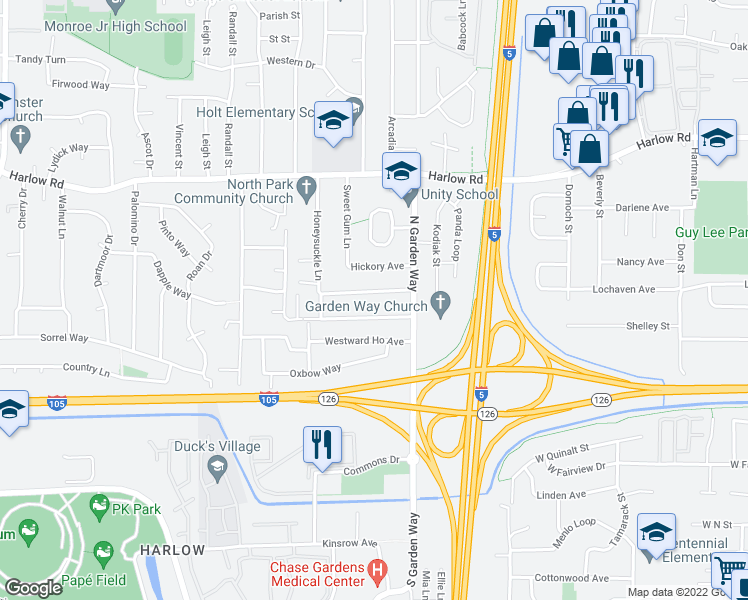 map of restaurants, bars, coffee shops, grocery stores, and more near 3621 Mahlon Avenue in Eugene
