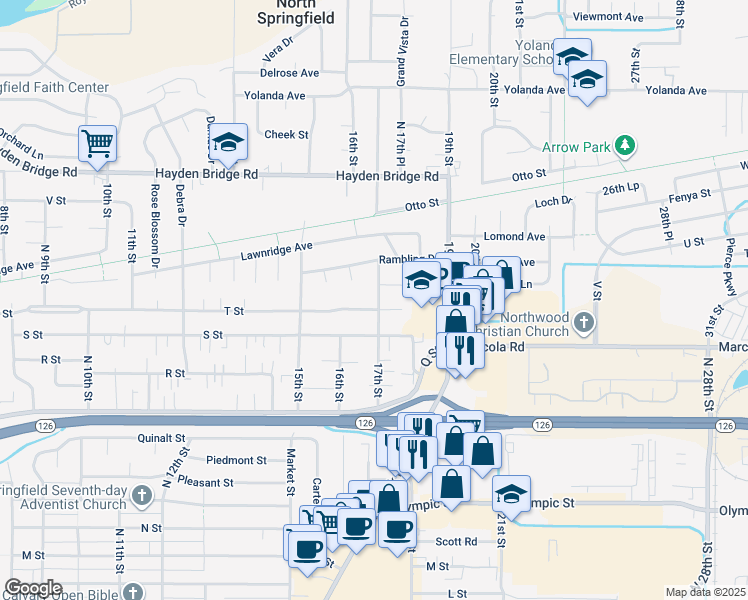 map of restaurants, bars, coffee shops, grocery stores, and more near 2114 17th Street in Springfield