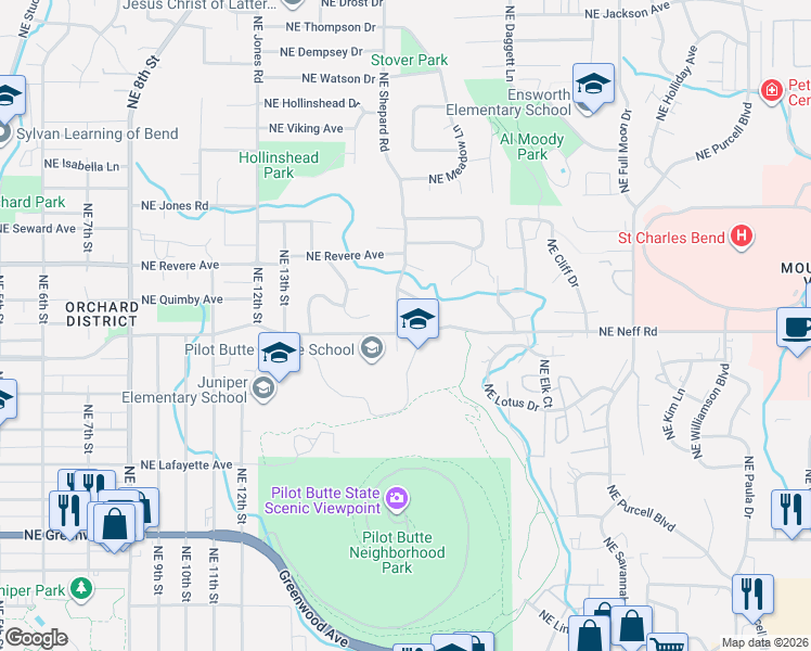map of restaurants, bars, coffee shops, grocery stores, and more near 1609 Northeast Eastwood Drive in Bend