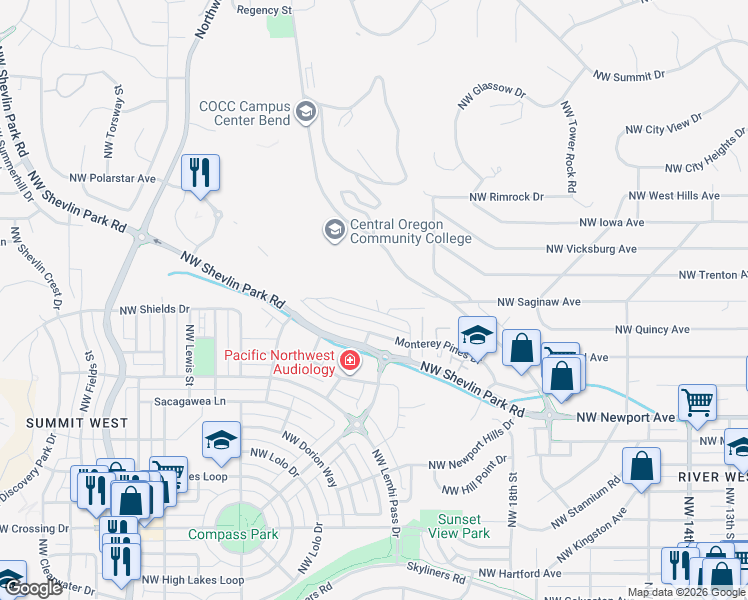 map of restaurants, bars, coffee shops, grocery stores, and more near 2249 Northwest Torrey Pines Drive in Bend