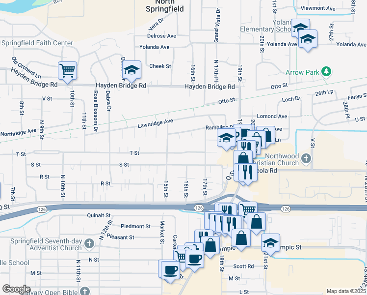 map of restaurants, bars, coffee shops, grocery stores, and more near 1577 T Street in Springfield