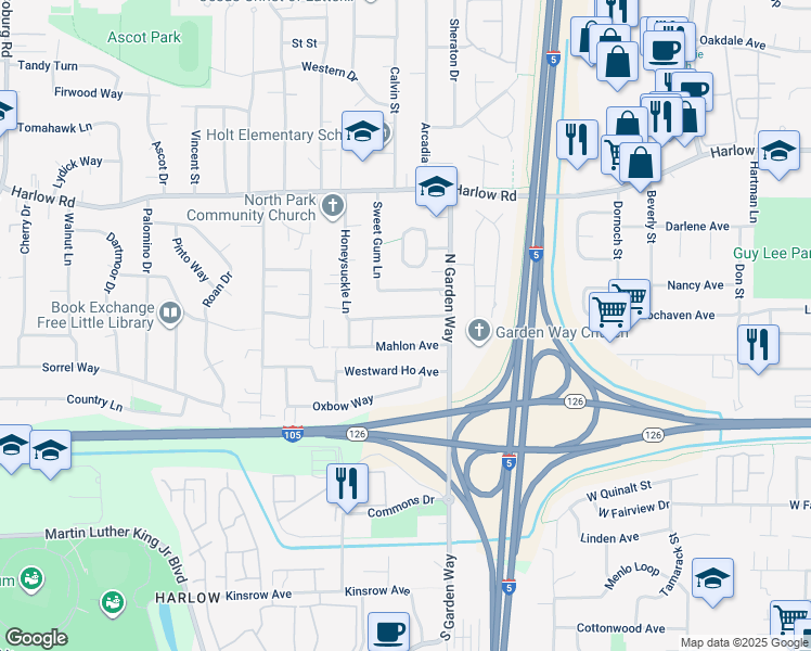 map of restaurants, bars, coffee shops, grocery stores, and more near 3621 Mahlon Avenue in Eugene
