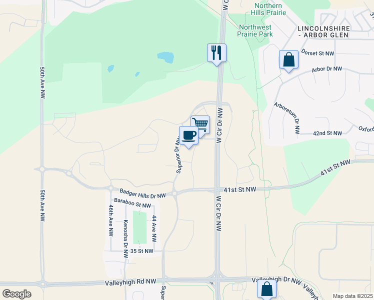 map of restaurants, bars, coffee shops, grocery stores, and more near 4221 West Circle Drive Northwest in Rochester