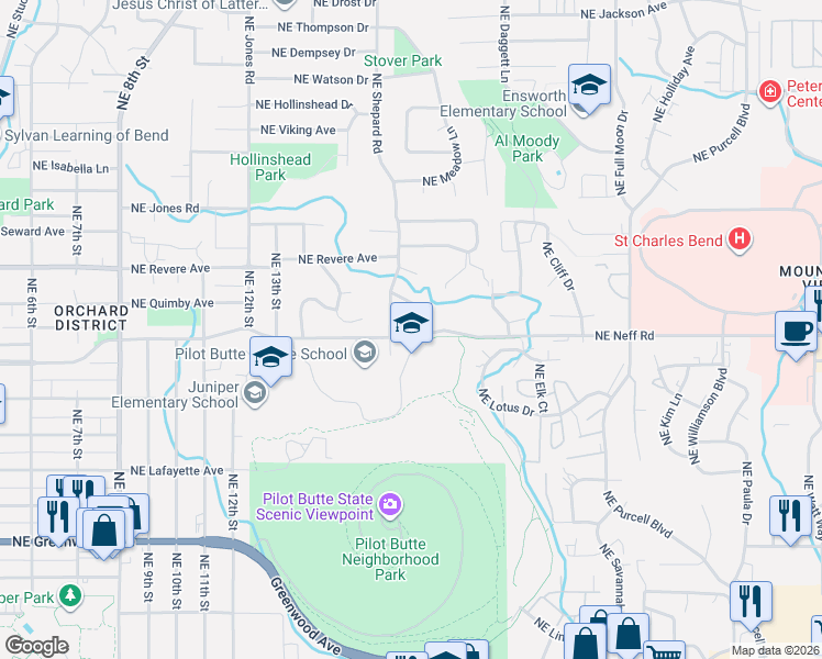 map of restaurants, bars, coffee shops, grocery stores, and more near 1609 Northeast Eastwood Drive in Bend