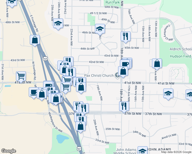 map of restaurants, bars, coffee shops, grocery stores, and more near 2015 41st Street Northwest in Rochester