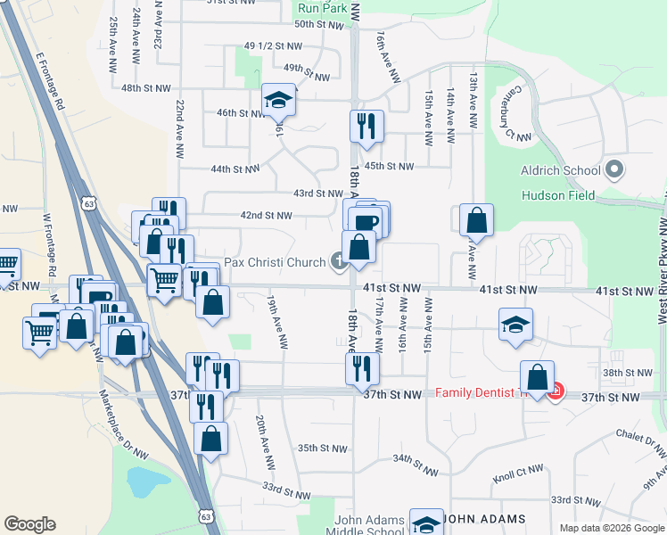 map of restaurants, bars, coffee shops, grocery stores, and more near 4105 18th Avenue Northwest in Rochester