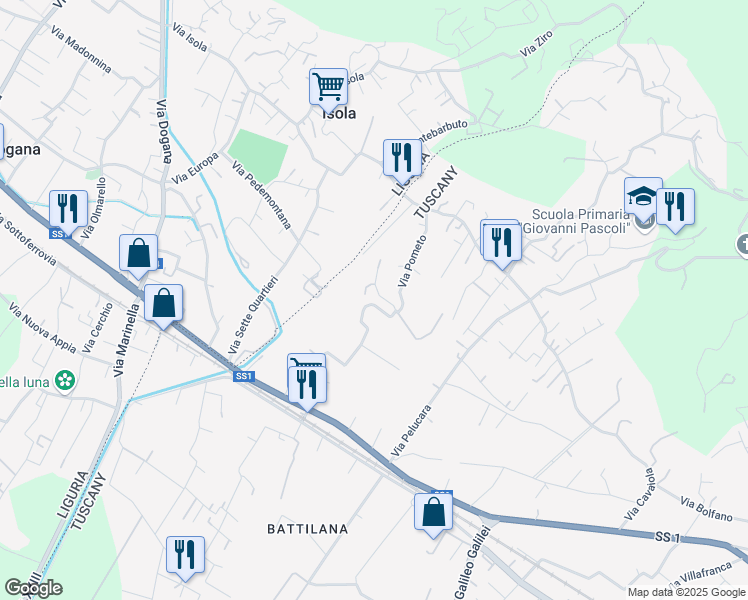 map of restaurants, bars, coffee shops, grocery stores, and more near 46 Via Pometo in Carrara