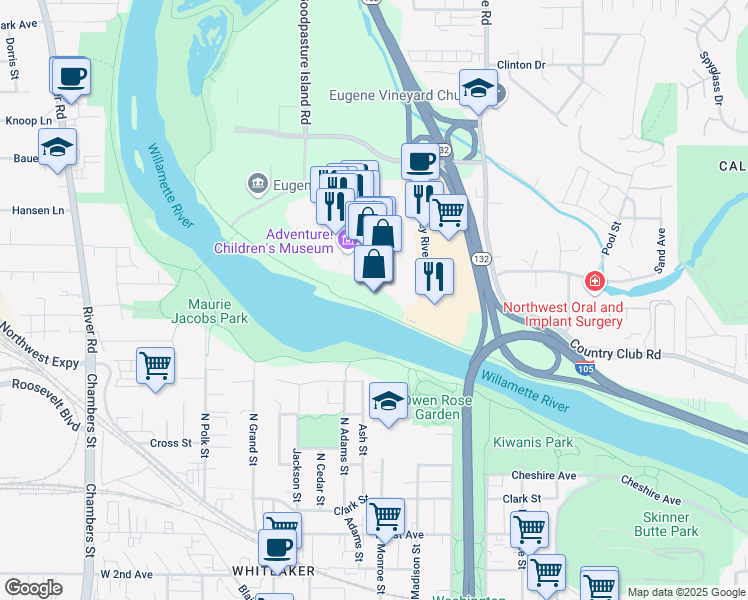 map of restaurants, bars, coffee shops, grocery stores, and more near 532 Valley River Center in Eugene