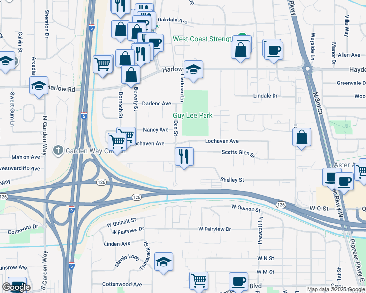 map of restaurants, bars, coffee shops, grocery stores, and more near 2157 Don Street in Springfield