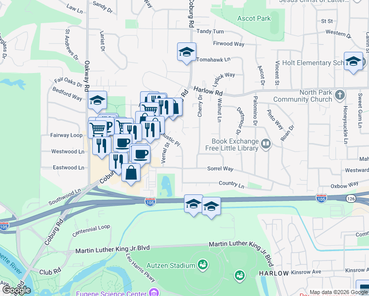 map of restaurants, bars, coffee shops, grocery stores, and more near 290 Rose Court in Eugene