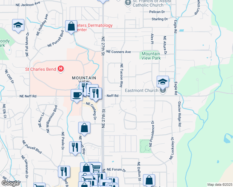 map of restaurants, bars, coffee shops, grocery stores, and more near 1575 Northeast Tucson Way in Bend