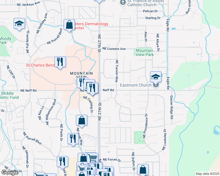 map of restaurants, bars, coffee shops, grocery stores, and more near 1575 Northeast Tucson Way in Bend