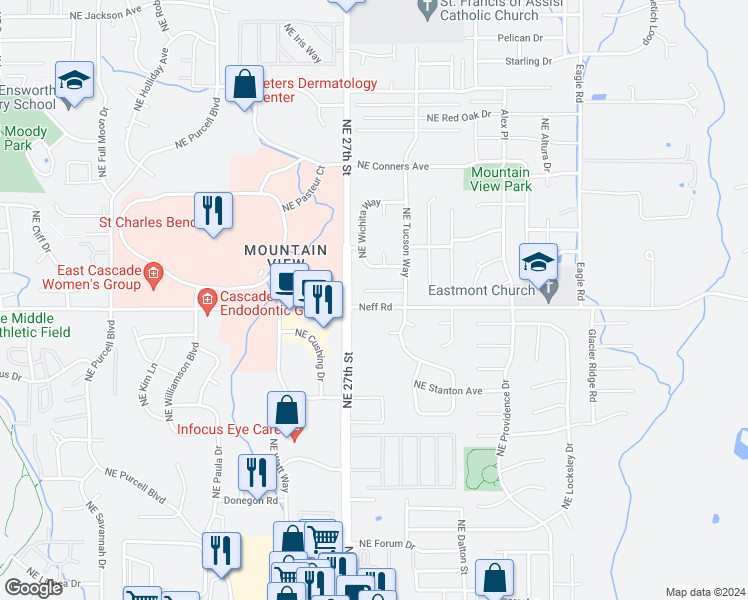 map of restaurants, bars, coffee shops, grocery stores, and more near 1550 Northeast 27th Street in Bend