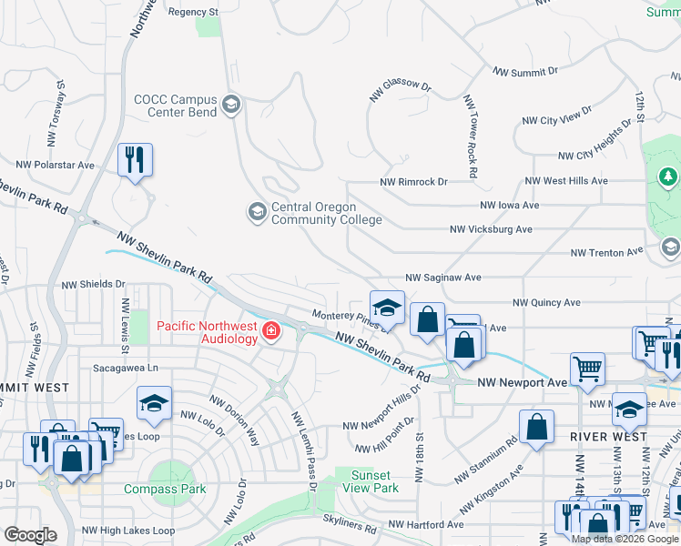 map of restaurants, bars, coffee shops, grocery stores, and more near 2000 Northwest College Way in Bend