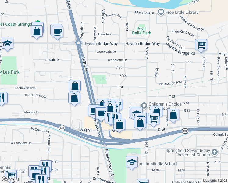 map of restaurants, bars, coffee shops, grocery stores, and more near 2050 2nd Street in Springfield