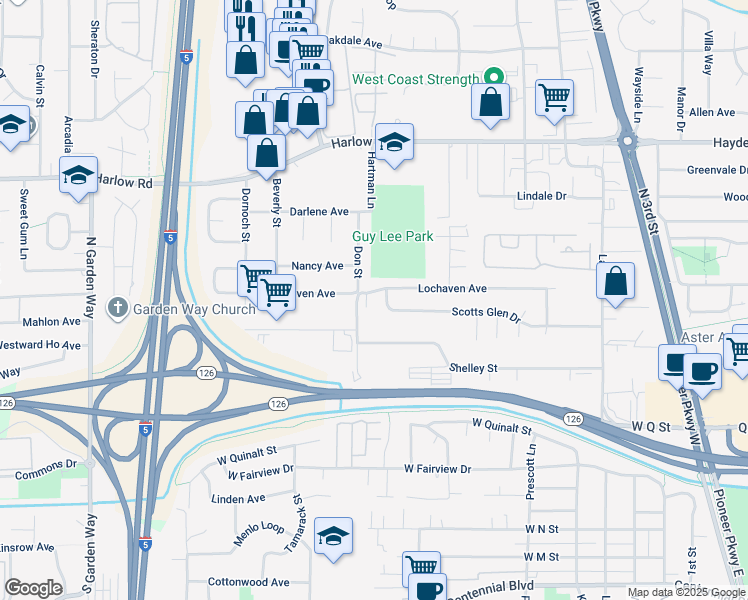 map of restaurants, bars, coffee shops, grocery stores, and more near 2157 Don Street in Springfield