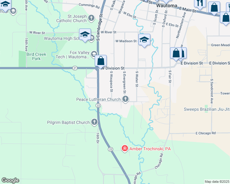 map of restaurants, bars, coffee shops, grocery stores, and more near 685 South Waupaca Street in Wautoma