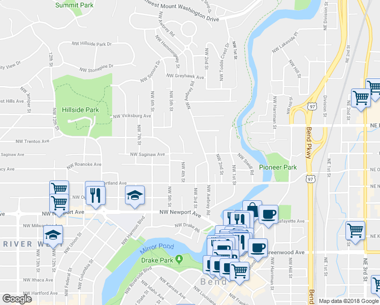 map of restaurants, bars, coffee shops, grocery stores, and more near 314 Northwest Saginaw Avenue in Bend