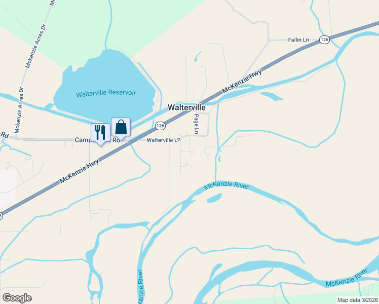 map of restaurants, bars, coffee shops, grocery stores, and more near 39464 Walterville Lane in Springfield