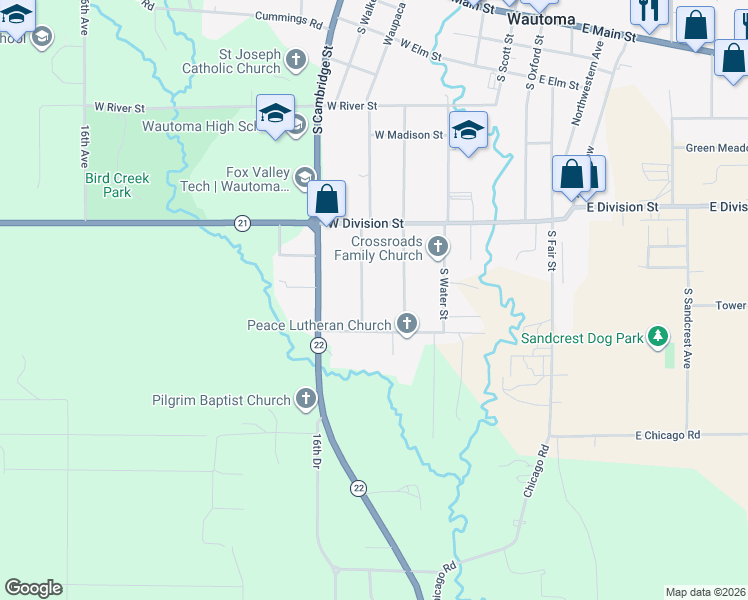 map of restaurants, bars, coffee shops, grocery stores, and more near 685 South Waupaca Street in Wautoma