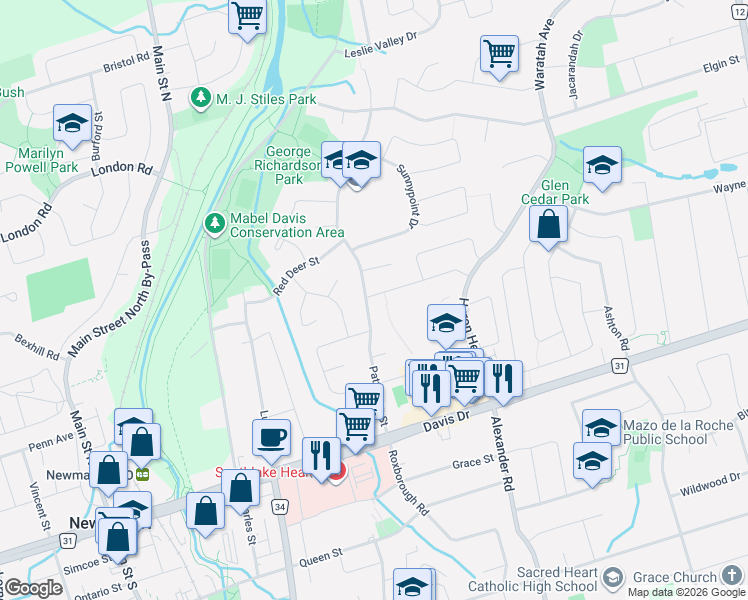 map of restaurants, bars, coffee shops, grocery stores, and more near 694 Beman Drive in Newmarket