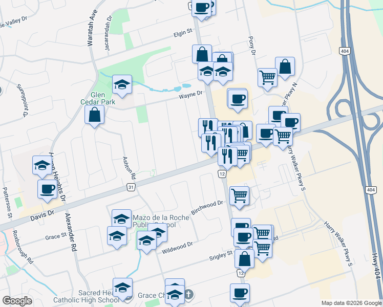 map of restaurants, bars, coffee shops, grocery stores, and more near 1025 Davis Drive in Newmarket