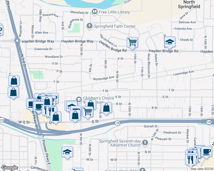 map of restaurants, bars, coffee shops, grocery stores, and more near 2093 8th Street in Springfield