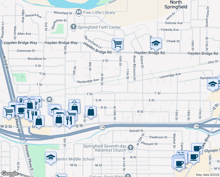 map of restaurants, bars, coffee shops, grocery stores, and more near 907 T Street in Springfield
