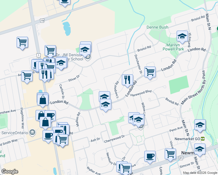 map of restaurants, bars, coffee shops, grocery stores, and more near 259 Plymouth Trail in Newmarket