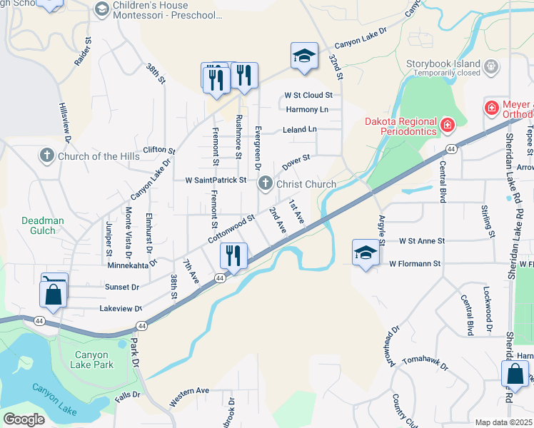 map of restaurants, bars, coffee shops, grocery stores, and more near 2022 3rd Avenue in Rapid City