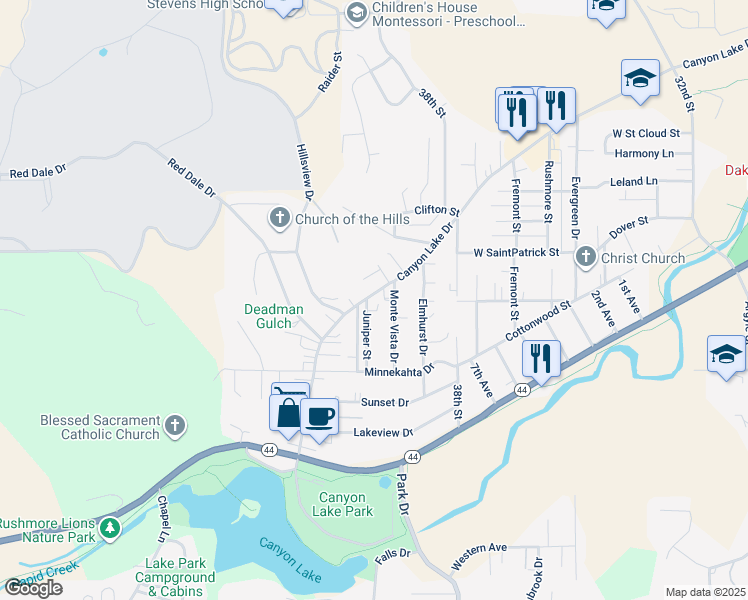 map of restaurants, bars, coffee shops, grocery stores, and more near 2009 Monte Vista Drive in Rapid City